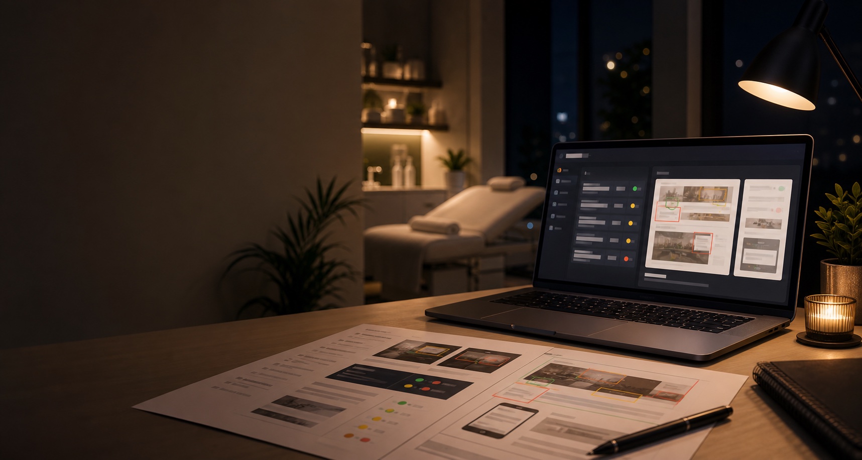 Night desk with a laptop and printed audit pages marked with trust issue annotations